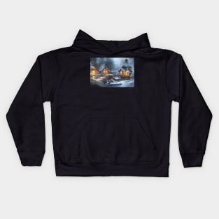 Magical Fantasy House with Lights in a Snowy Scene, Fantasy Cottagecore artwork Kids Hoodie